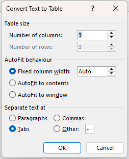 Convert text to table dialog options